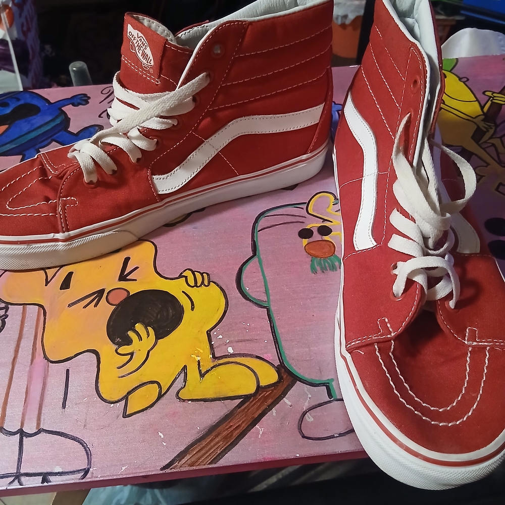 Vans Red and White Sk8-Hi High-Top Sneakers